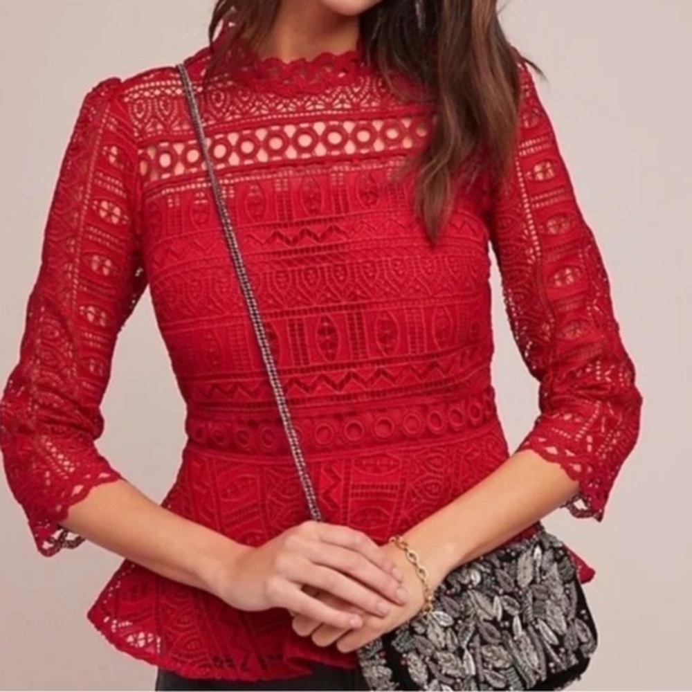 Moulinette Soeurs Anthropologie Lace Overlay 3/4 Sleeve Peplum Top in Red Size 8